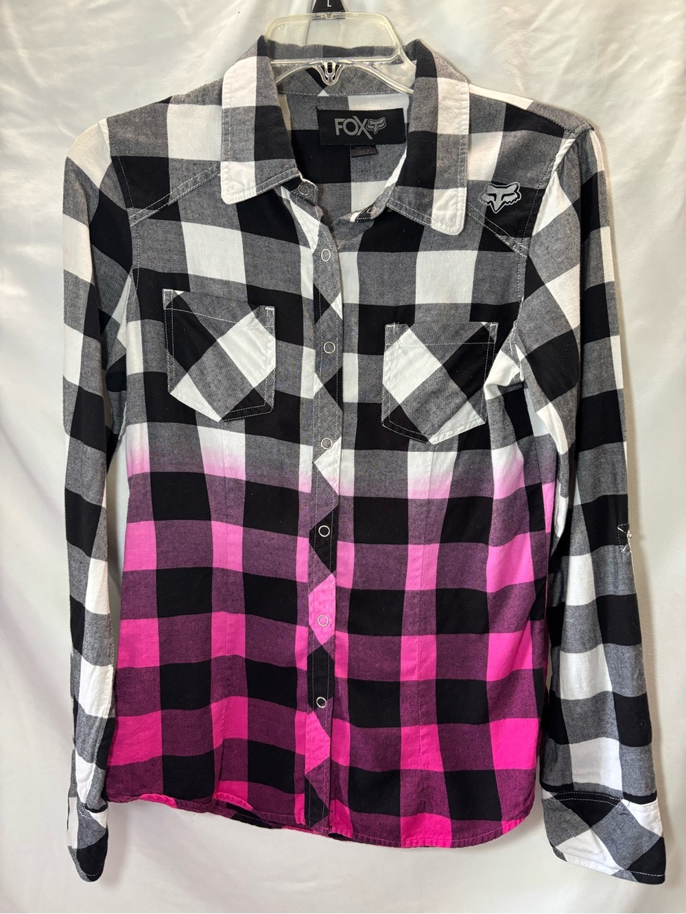 Fox Racing Black White & Hot Pink Ombre, Y2K Plaid Snap Button Shirt, S